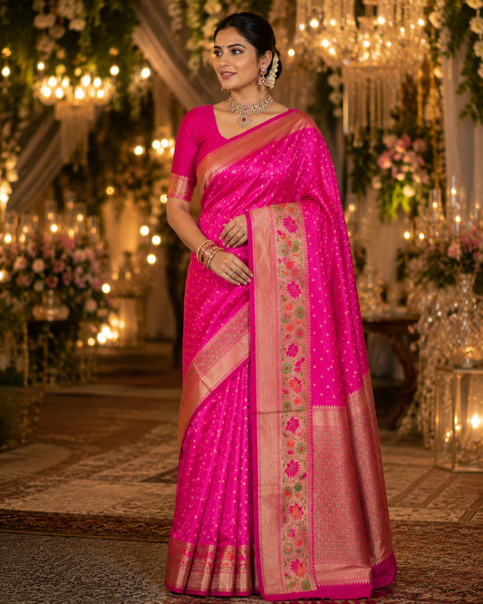 Pink Pure Handloom Banarasi Silk Saree with Lotus Weaving Border