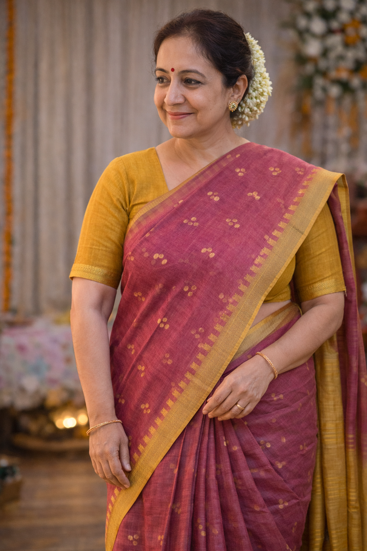 Rust Pink & Mustard Handloom Saree