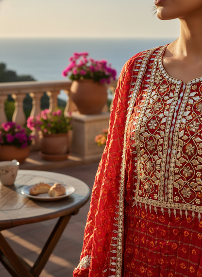 Red Gota Patti Bandhni Silk Unstitched Suit