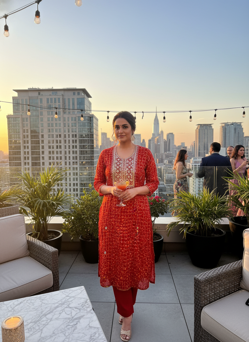 Red Gota Patti Bandhni Silk Unstitched Suit