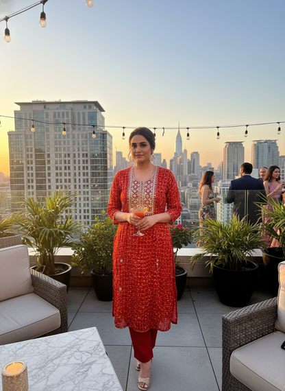 Red Gota Patti Bandhni Silk Unstitched Suit