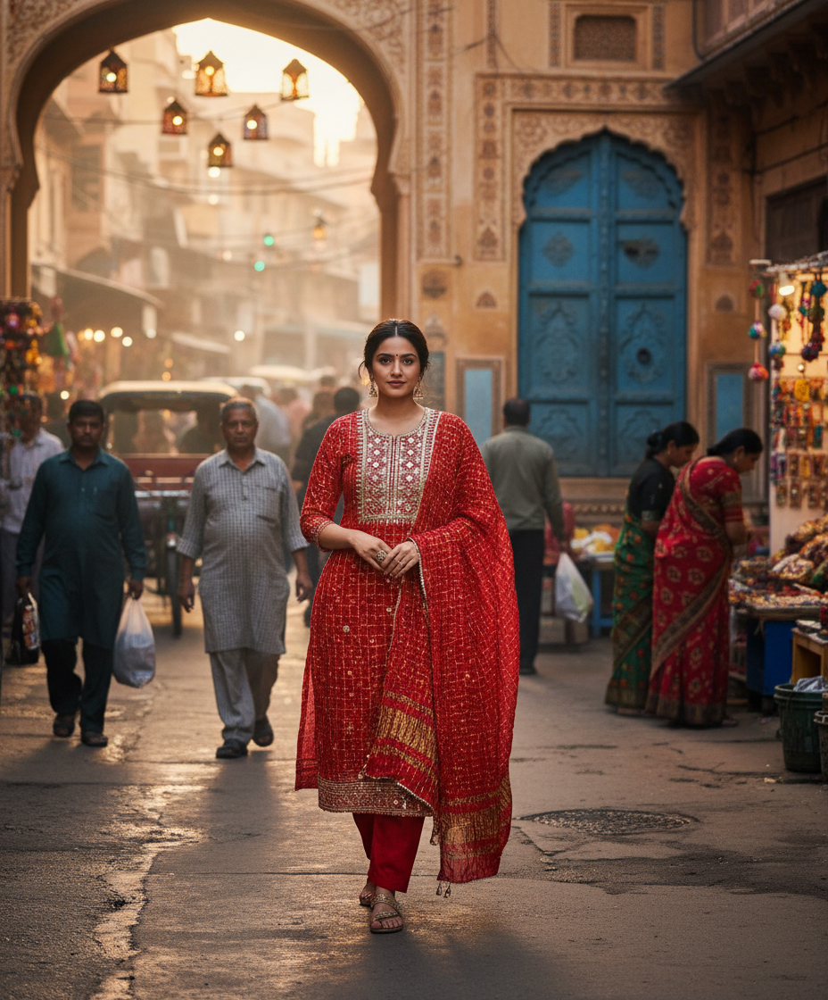 Red Gota Patti Bandhni Silk Unstitched Suit