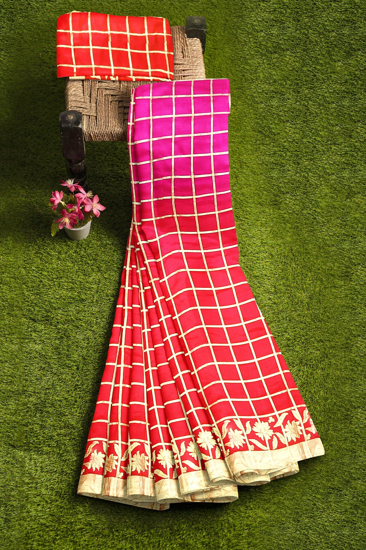 Red Pink Zari Checks Pure Dupion Silk Saree