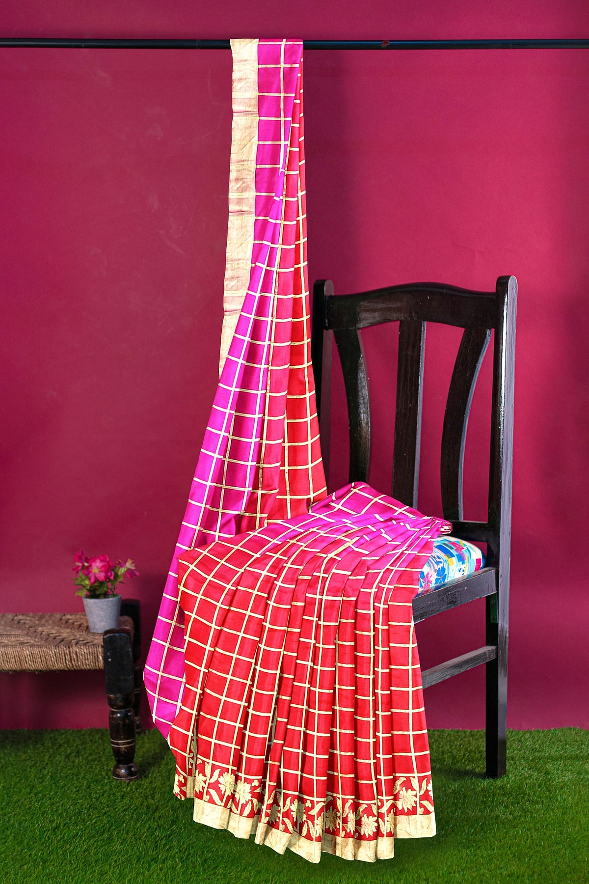 Red Pink Zari Checks Pure Dupion Silk Saree