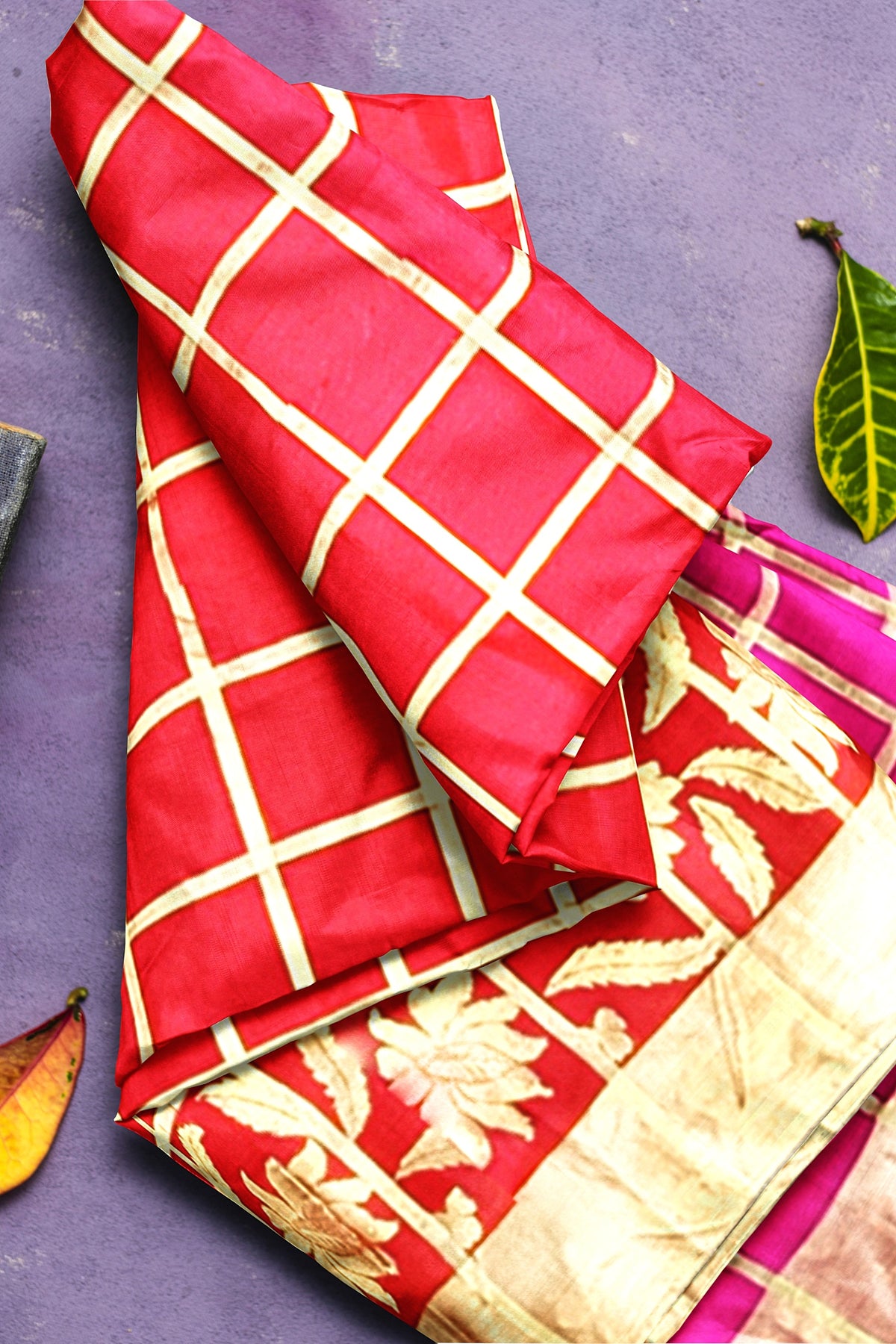 Red Pink Zari Checks Pure Dupion Silk Saree