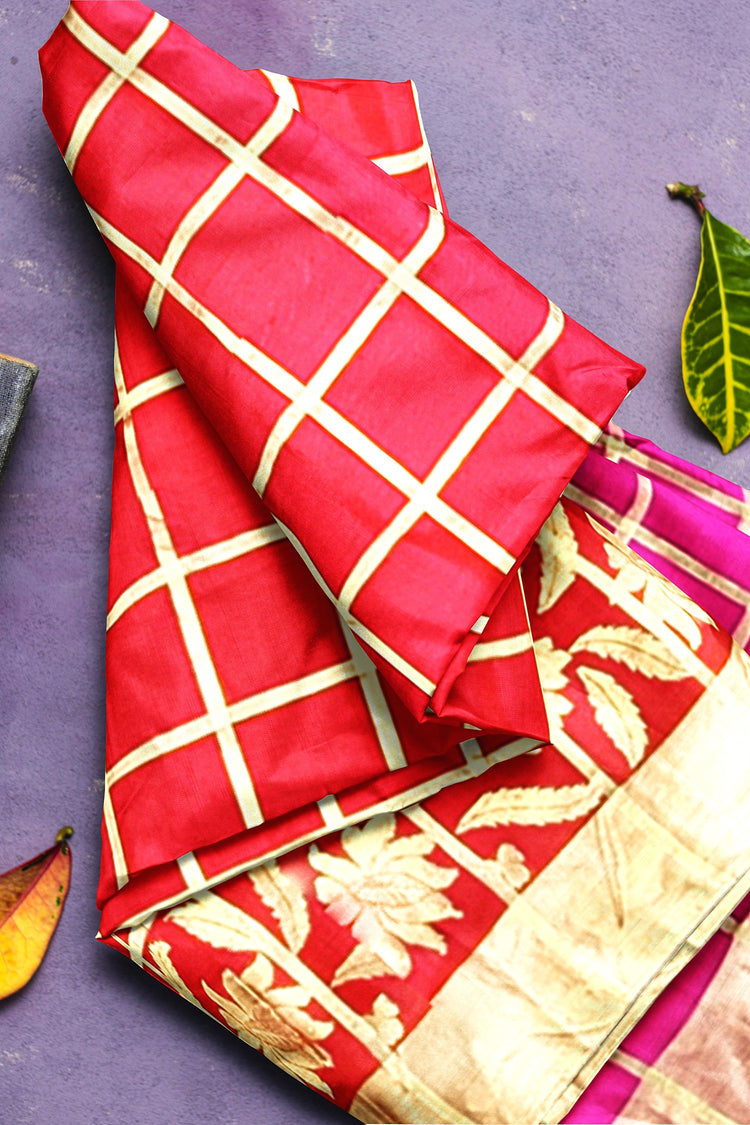 Red Pink Zari Checks Pure Dupion Silk Saree