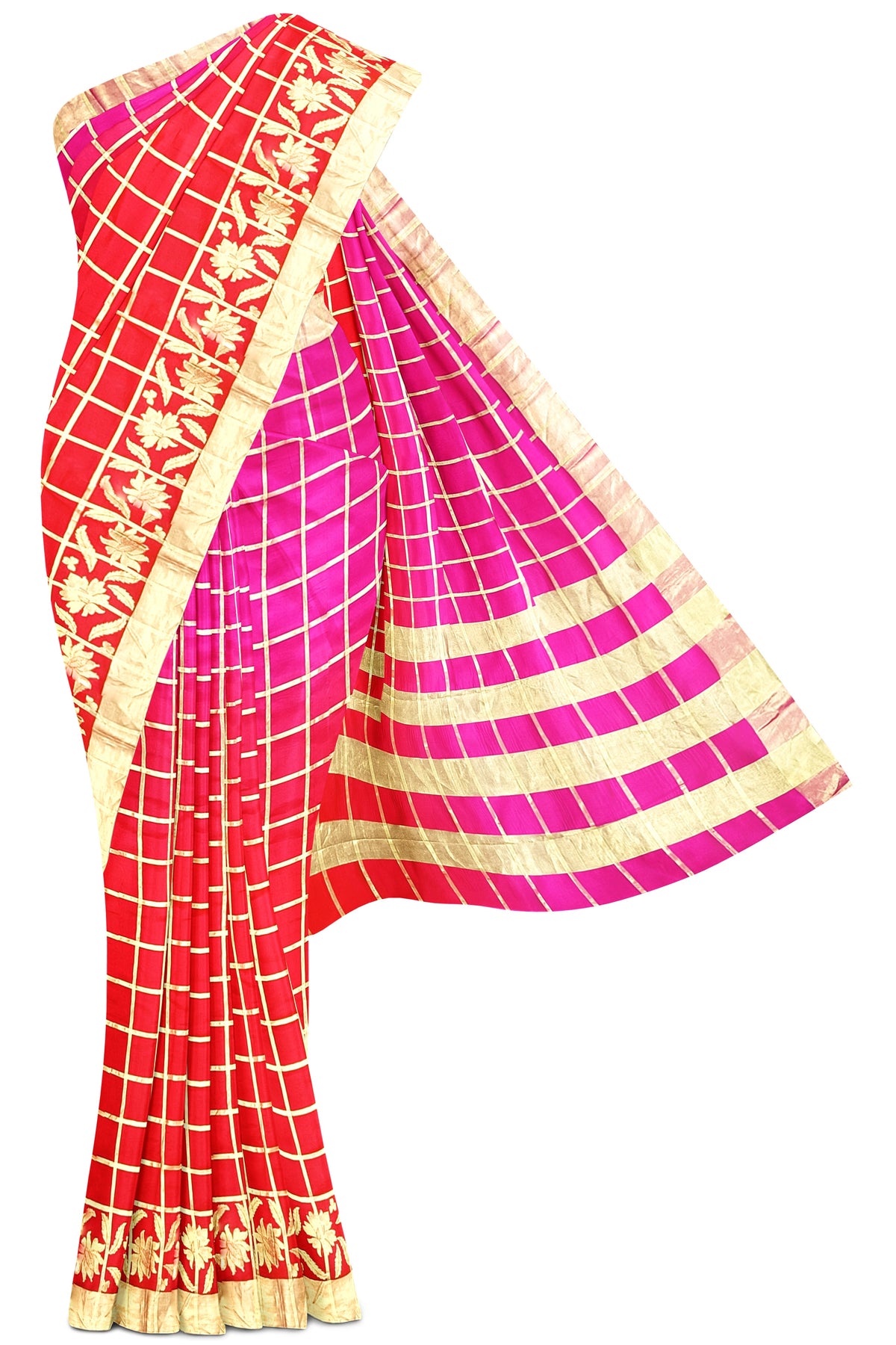 Red Pink Zari Checks Pure Dupion Silk Saree
