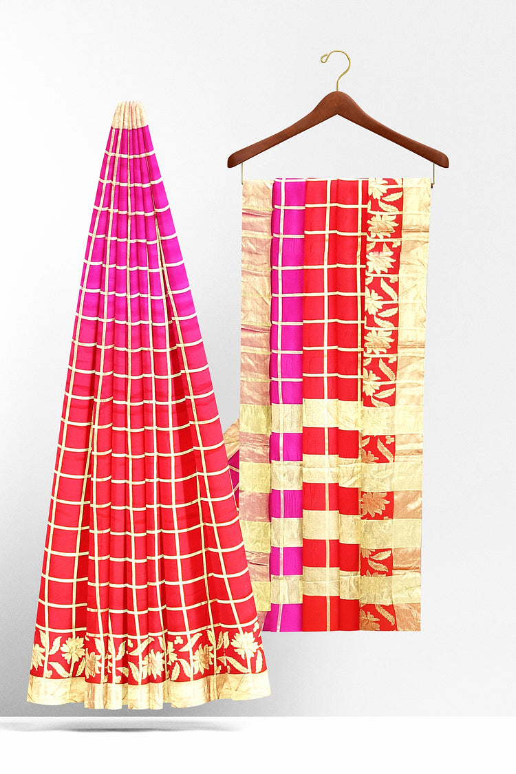 Red Pink Zari Checks Pure Dupion Silk Saree