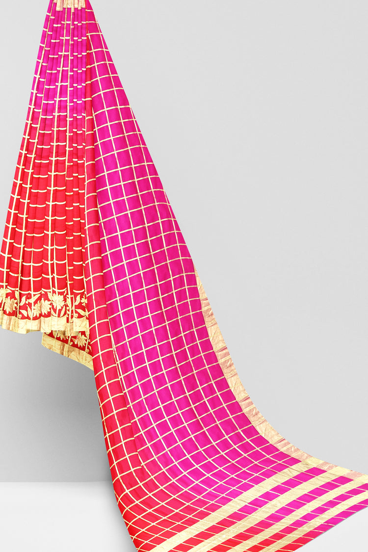 Red Pink Zari Checks Pure Dupion Silk Saree