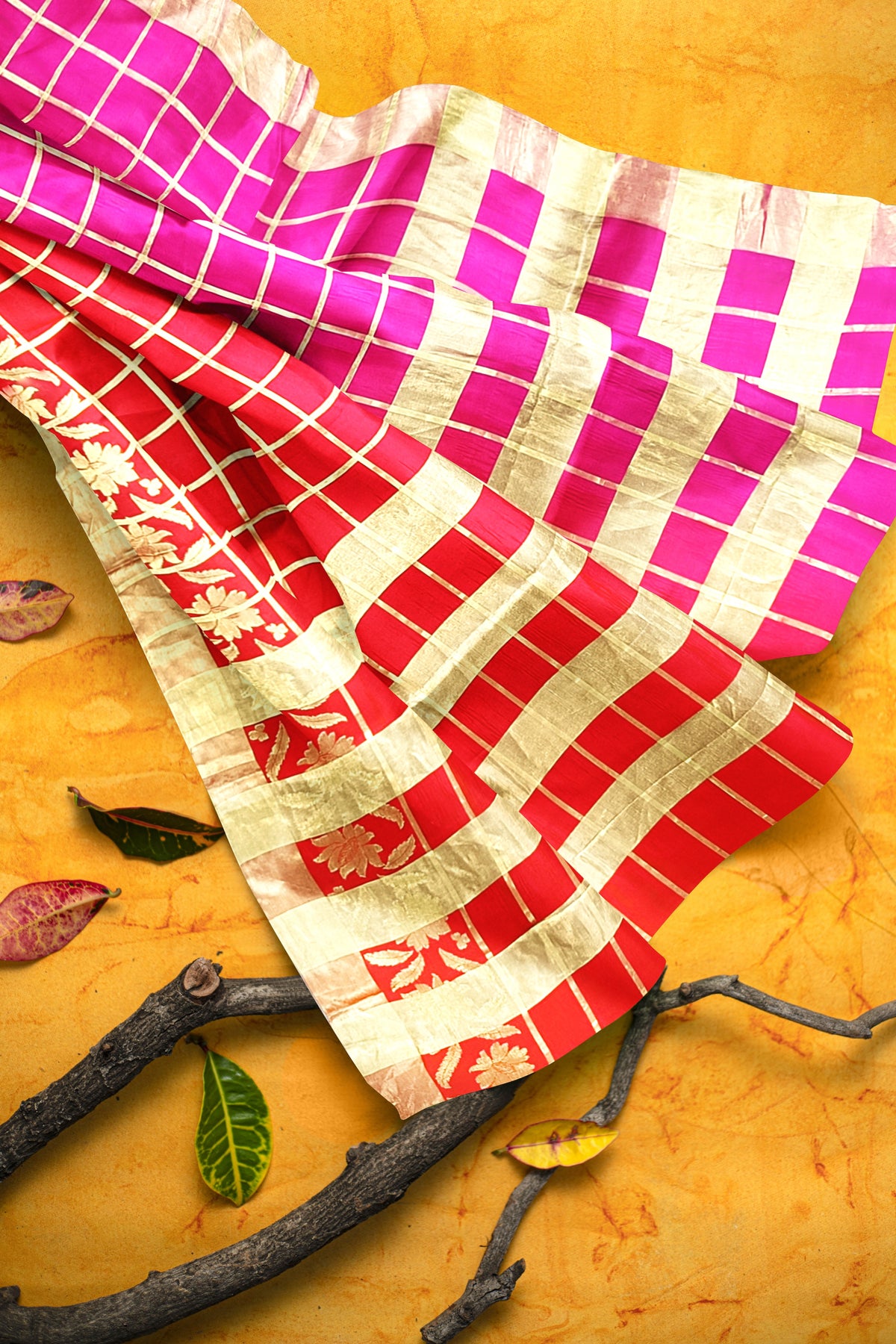 Red Pink Zari Checks Pure Dupion Silk Saree