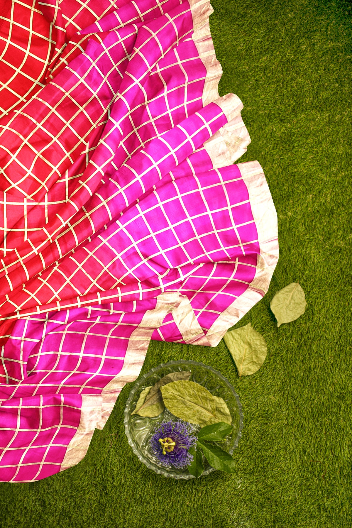 Red Pink Zari Checks Pure Dupion Silk Saree