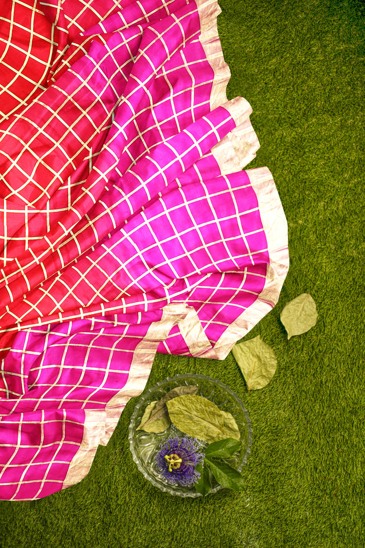 Red Pink Zari Checks Pure Dupion Silk Saree