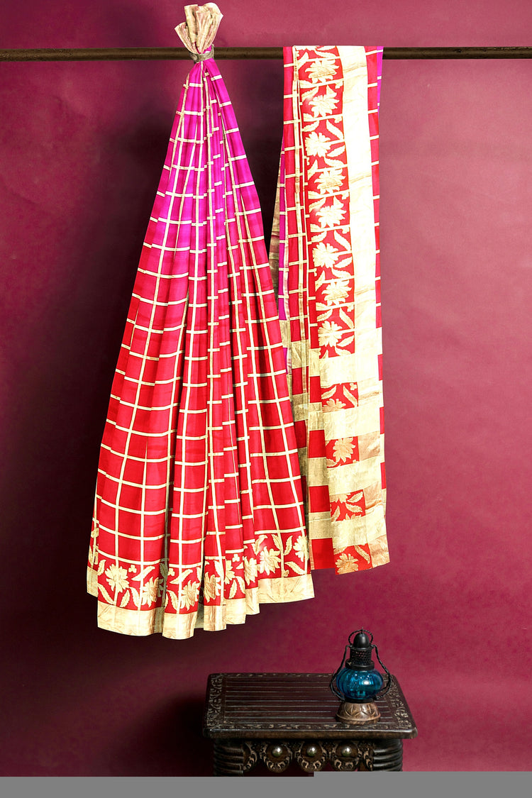 Red Pink Zari Checks Pure Dupion Silk Saree