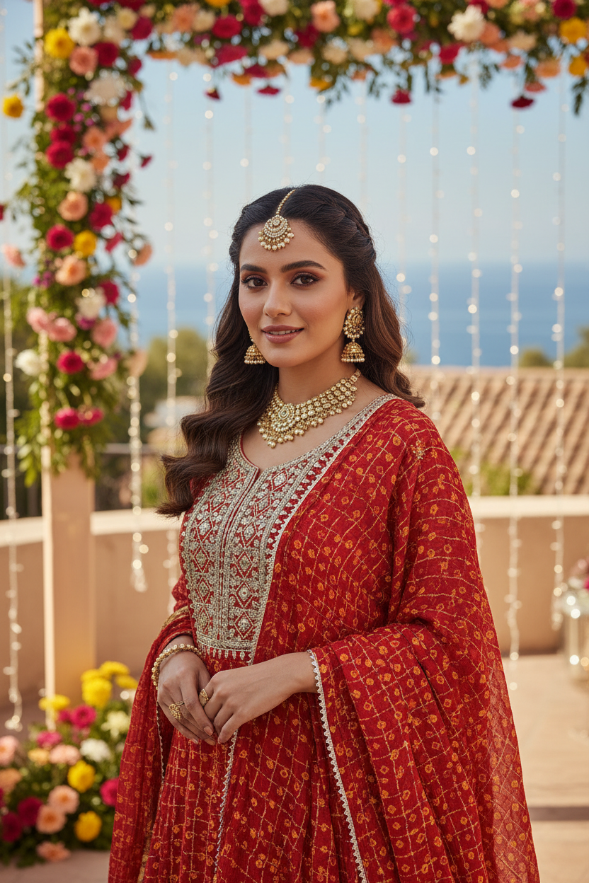 Red Gota Patti Bandhni Silk Unstitched Suit