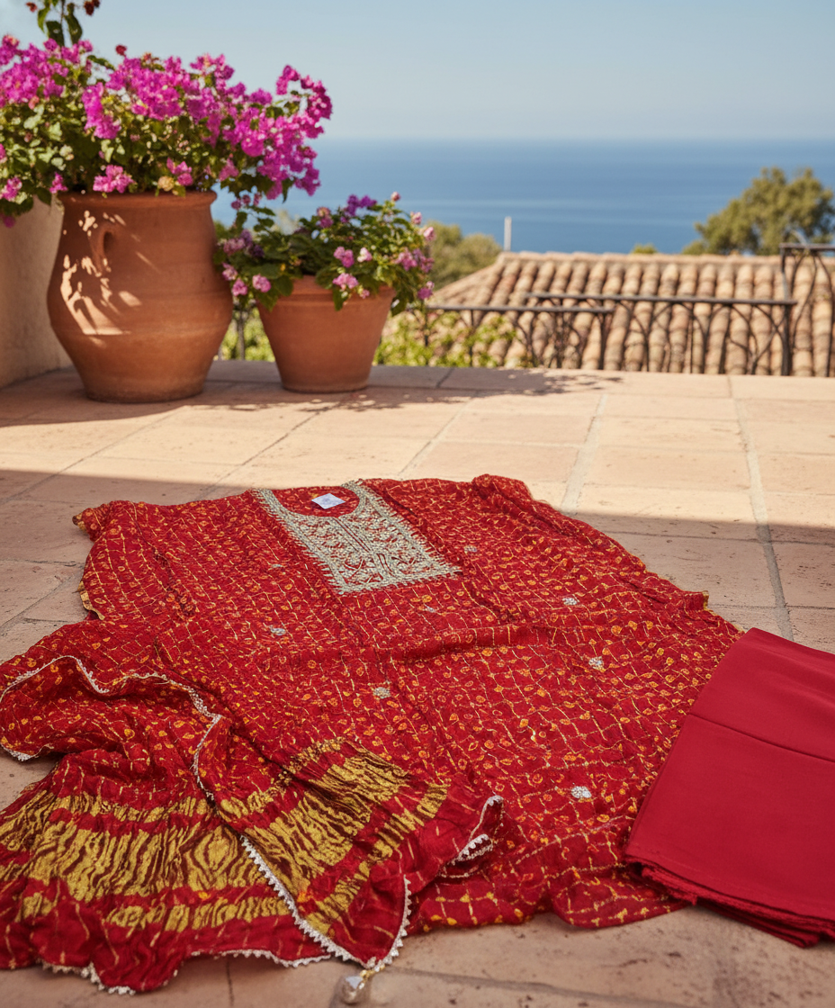 Red Gota Patti Bandhni Silk Unstitched Suit