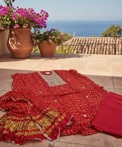 Red Gota Patti Bandhni Silk Unstitched Suit