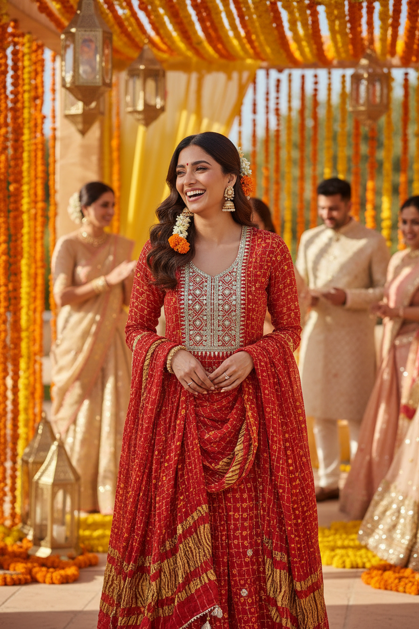 Red Gota Patti Bandhni Silk Unstitched Suit
