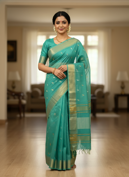 Sea Green Cotton Silk Saree