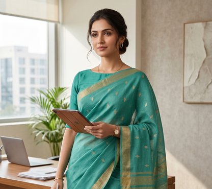 Sea Green Cotton Silk Saree