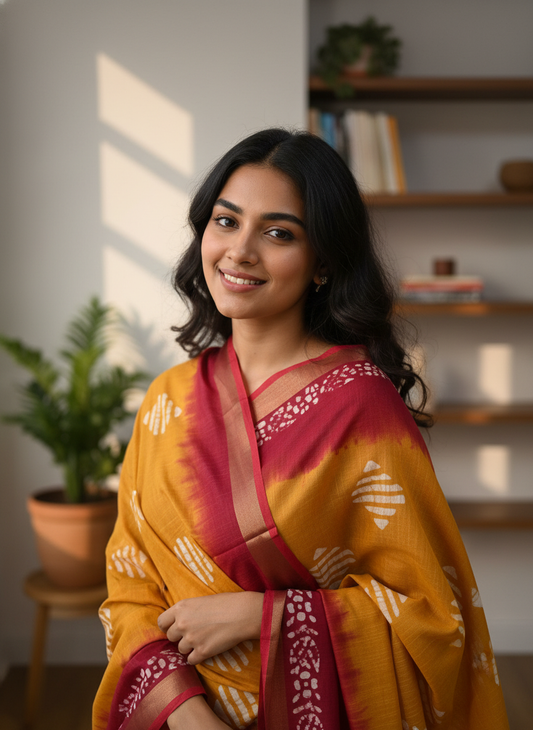 Yellow Red Hand Block Batik Pure Cotton Saree