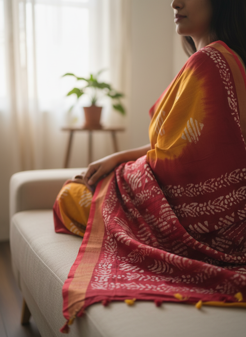 Yellow Red Hand Block Batik Pure Cotton Saree