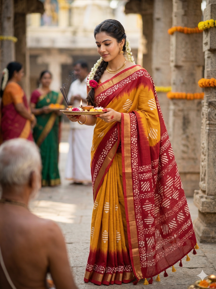 Yellow Red Hand Block Batik Pure Cotton Saree