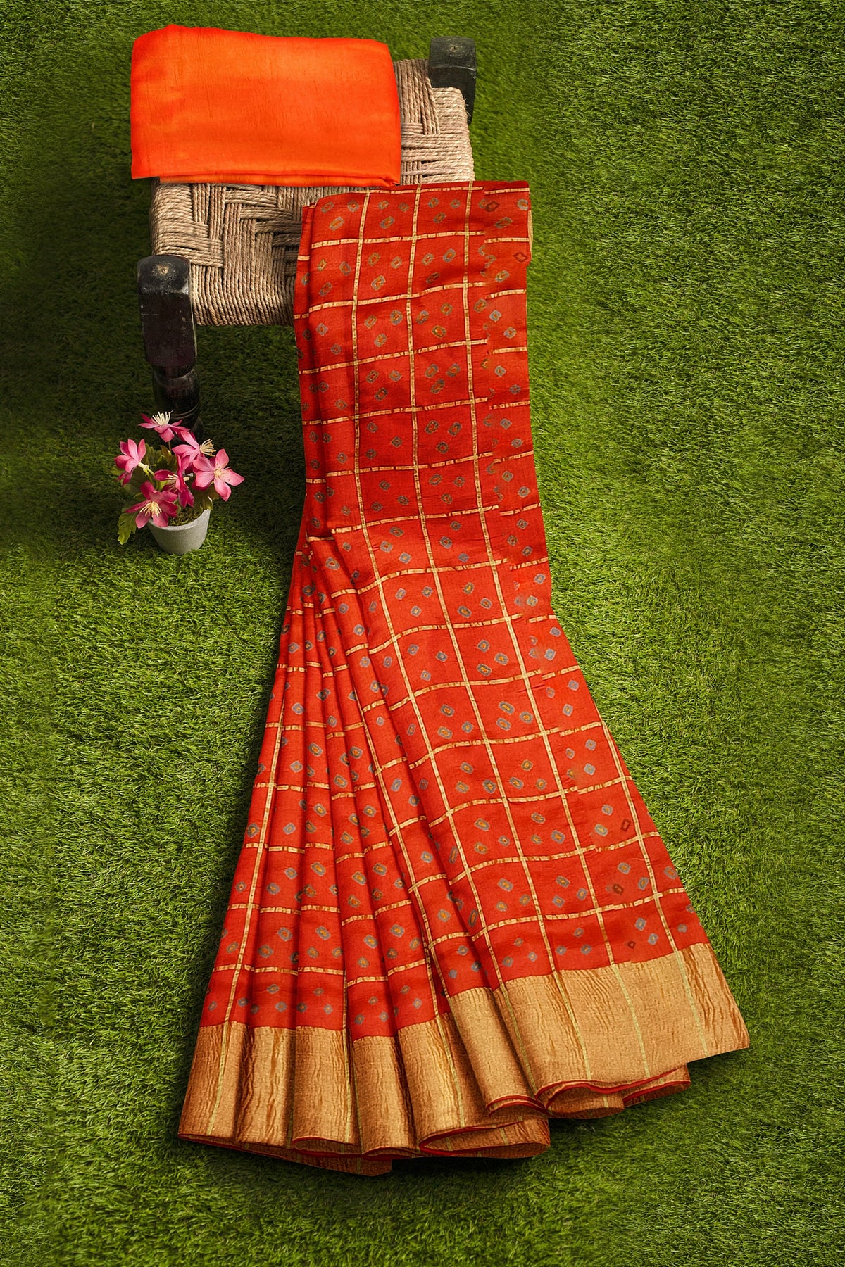 Brick Orange Bandhni Pure Dupion Silk Saree