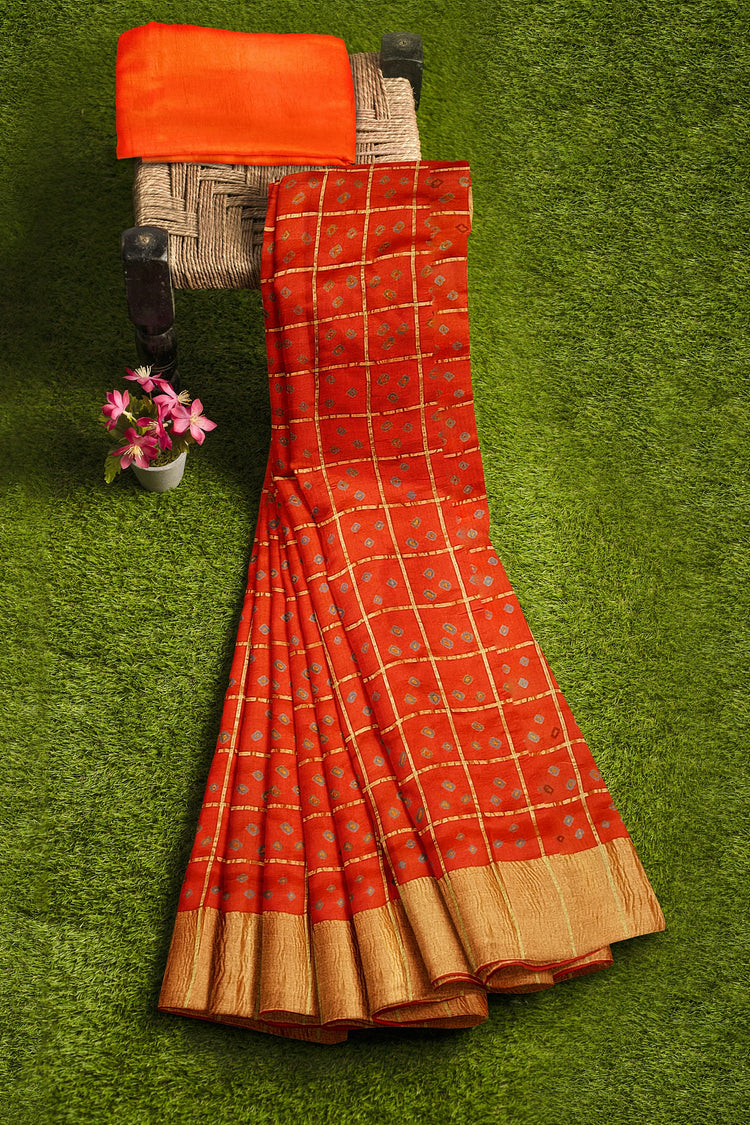Brick Orange Bandhni Pure Dupion Silk Saree