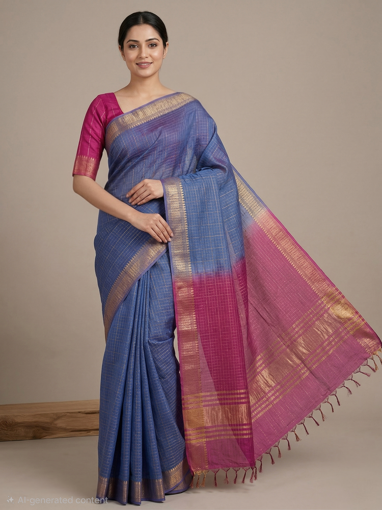Blue & Pink Checks Handloom Saree